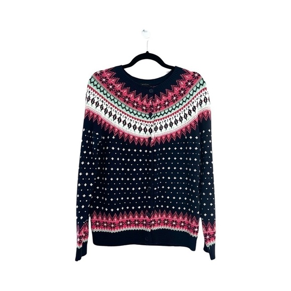 TALBOTS Fair Isle Navy Pink Wool Cardigan Knit Sweater Sz S - Picture 2 of 6